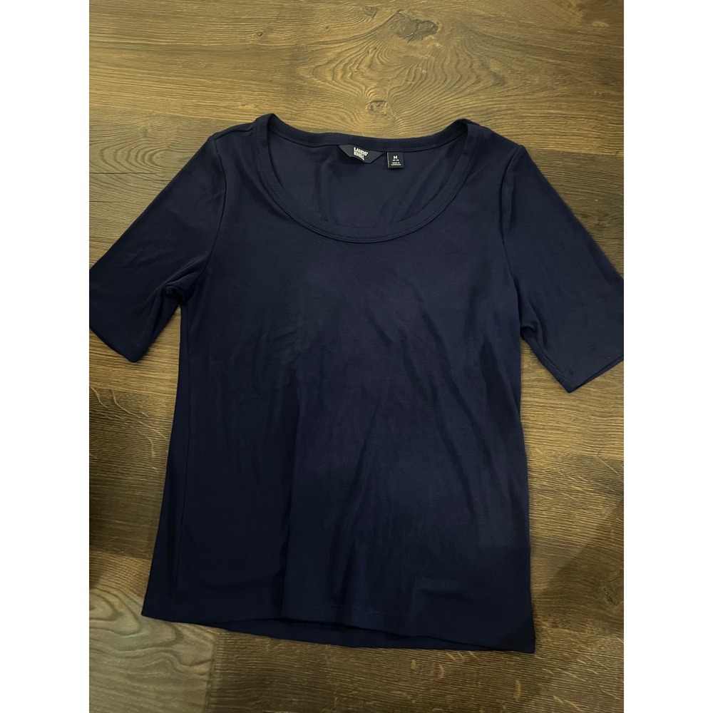 Lands End Womens Navy Blue Ribbed Knit Scoop Neck Short Sleeve Top Size M 10-12